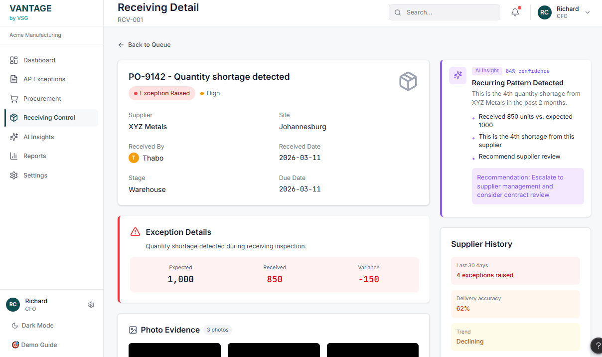 Vantage invoice detail with actions prototype