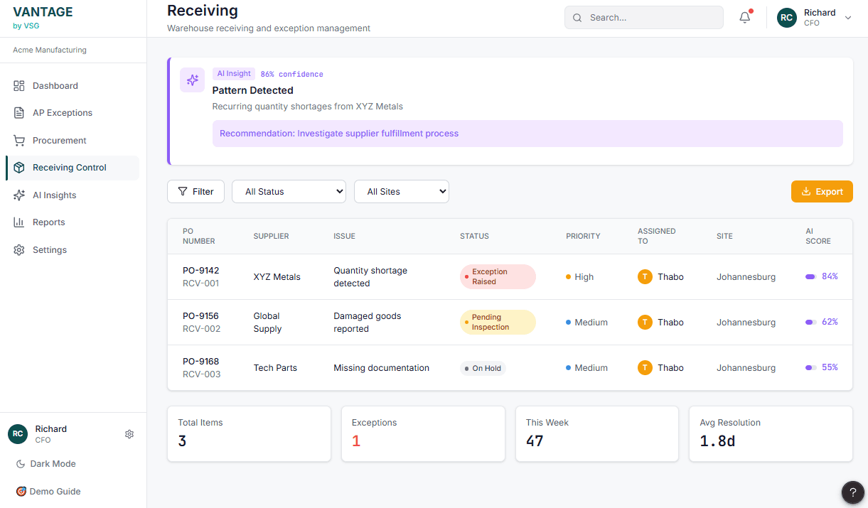 Vantage receiving control workspace prototype